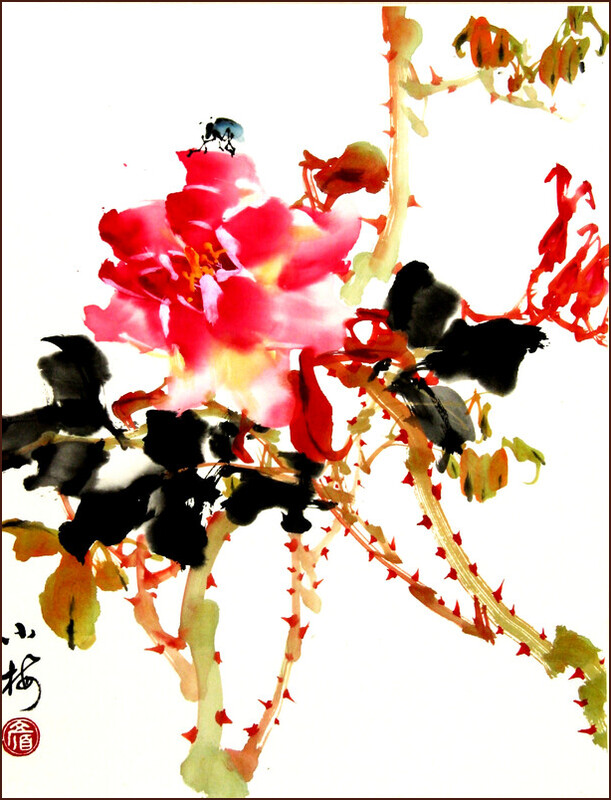 Beetle on Rose, Chinese Painting by Ngan Siu-Mui